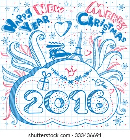 New Year and Merry Christmas calendar vector greeting card. Cute hand drawn ink cartoon banner or poster with doodles, stars, gifts, snow on the background of notebook sheet. Template for 2016 year