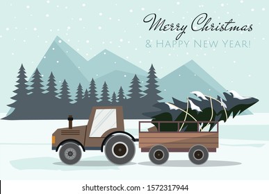 New Year and Merry Christmas card. Blue Christmas tractor with a trailer and with fir tree. Vector Illustration