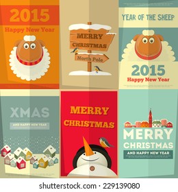 New Year and Merry Christmas Cards with Cute Cartoon Sheep, Snowman in Retro Style. Vector Illustration.