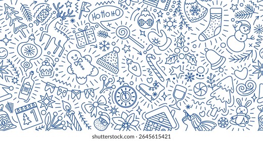 New Year and Merry Christmas decor elements, toys and gifts pattern, spruce branches, socks and Santa stickers vector set illustration. Can be used for packaging, holiday banners, books, etc.