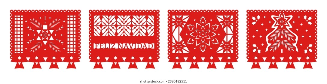 Neujahr, Frohe Weihnachten, Feliz Navidad Set von Bannern. Mexikanische Papel Picado-Garnelen, Feriendekorationen. 