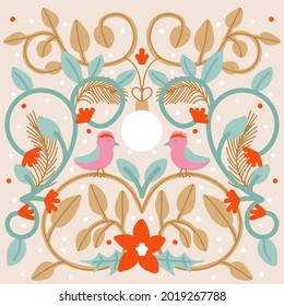 New year and merry Christmas folk art birds  greetings card . Vector illustration