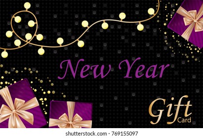 New year and Merry Christmas gift card with velvet gift boxes, lamp bulbs, dark gorgeous background with golden bubbles. Vector.