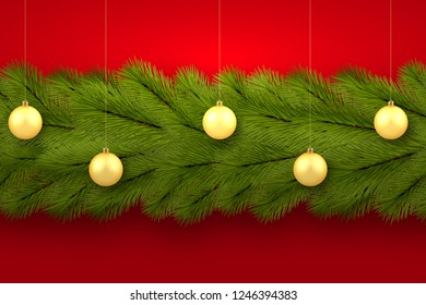 New Year, Merry Christmas greeting card. Festive background. Tree branches are arranged horizontally. Christmas toys, golden balls. Against the backdrop of the red wall. 10 eps