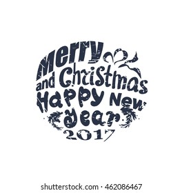 The new year and Merry Christmas greeting text pattern in cute round shape. Used for the cards of modern style

