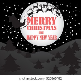 New year and Merry Christmas greeting card with Santa Claus flying through the sky on a sleigh with reindeer. Vector winter Landscape background. esp 10
