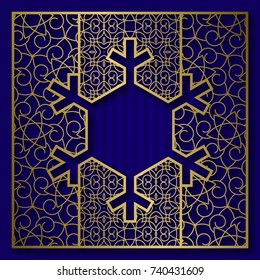 New Year or Merry Christmas greeting card cover background with frame in snowflake shape.