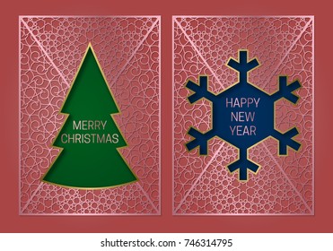 New Year or Merry Christmas greeting card cover template with Christmas tree and snowflake frame.
