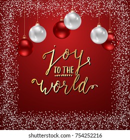 New Year and Merry Christmas greeting card or banner template with realistic Christmas balls and hand drawn lettering. Vector illustration.