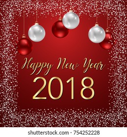 New Year and Merry Christmas greeting card or banner template with realistic Christmas balls and hand drawn lettering. Vector illustration.
