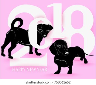 New year and merry christmas greeting card with dog's silhouettes. Vector illustration