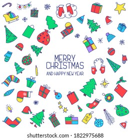 New Year and Merry Christmas hand drawn vector flat doodle greeting card round: light bulb, ball, toy, garland, gift, hat, star, star, spruce, holly, bag, candy, mitten, tree, snowflake, sock, candle