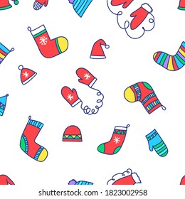 New Year and Merry Christmas hand drawn vector flat doodle seamless pattern: mitten, sock for gifts, funny hat with pom pom, Santa Claus hat. Holiday cartoon illustration isolated on white background