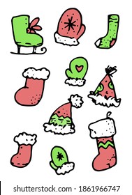 New year and merry Christmas hand drawn vector flat Doodle skates, mittens, Santa Claus hat, sock, felt boots black outline in bright red and green color scheme isolated elements on a white background