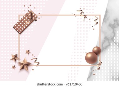 New Year and merry christmas holiday background.  Trendy poster with copper and marble textures and golden frame. Vector illustration