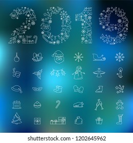 New Year and Merry Christmas illustration made with line icons on the blurred colourful background. EPS 10.