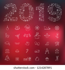 New Year and Merry Christmas illustration made with line icons on the blurred colourful background. EPS 10.