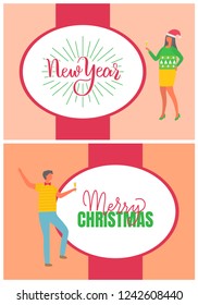 New Year and Merry Christmas lettering in frame, poster, man with glass of champagne, woman in Santa hat and in sweater with green fir trees, vector cartoon characters