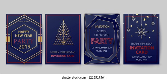 New Year and Merry Christmas party   invitation, background. Geometric art  style design with holiday tree. Greeting card, flyer, poster. Winter card template.