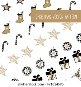 New Year and Merry Christmas pattern.
Gold, white, black design. Vector illustrations. Hand draw concept.