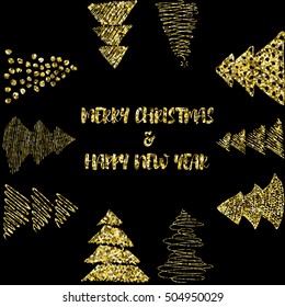 New Year and Merry Christmas postcard. Hand draw gold glitter concept.
Happy New Year, Merry Christmas.