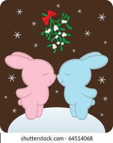 New Year and Merry Christmas postcard with two cartoon cute kissing rabbits. Vector illustration.