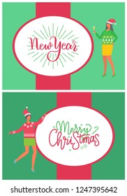 New Year and Merry Christmas postcards with people. Dancing woman in sweater with flowers and spruce trees, Santa hat, celebrating Xmas party, vector