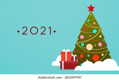 New year and Merry Christmas poster template with copy space Vector illustration in flat design Christmas tree and gifts in snow on blue background