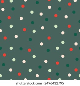 New Year, Merry Christmas red and green polka dots on a  green background Abstract polka dot seamless pattern in minimal, limited festive colors