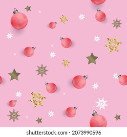 New Year and Merry Christmas seamless pattern  with Christmas balls toys and stars. Vector illustration. Design wallpaper, fabrics, postal packaging.