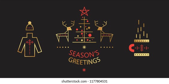 New year and Merry Christmas Set. Christmas symbols in  line art style, reindeer, sweater, mug of hot drink, a Christmas tree. For poster, invitation, card, banner. Vector illustration