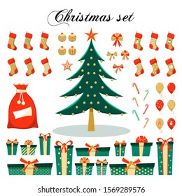 New Year and Merry Christmas set of decorative elements in flat cartoon style: socks, stockings, fir tree, balls, balloons, gift boxes, sweet candy canes, Santa bag, bow and stars. vector illustration