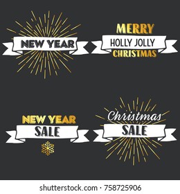 New Year and Merry Christmas signs with burst. Vector illustration.