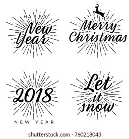 New Year and Merry Christmas signs with burst. Vector illustration.