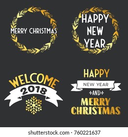 New Year and Merry Christmas signs with golden elements. Vector illustration.