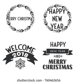 New Year and Merry Christmas signs gray and white. Vector illustration.