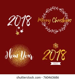 New Year and Merry Christmas signs with golden elements. Vector illustration.