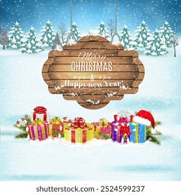 New year and Merry Christmas Winter landscape with presents and giftbox and wooden ornate . Vector illustration. concept for greeting or postal card