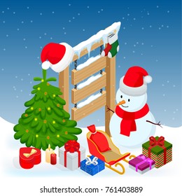 New year and Merry Christmas Winter background. Isometric vector illustration