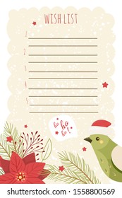 New year and Merry Christmas wish list flat vector illustration. Notebook sheet page. Winter holiday themed numbered list with place for text.
