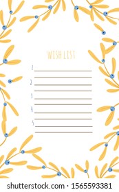 New year and Merry Christmas wish list flat vector illustration. Notebook sheet page. Winter holiday themed numbered list with place for text.