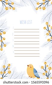 New year and Merry Christmas wish list flat vector illustration. Notebook sheet page. Winter holiday themed numbered list with place for text.