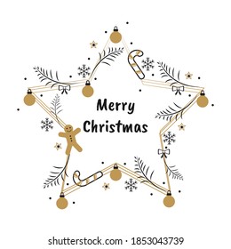 New Year and Merry Christmas wreath with decorative elements in black and gold. Postcard poster flyer. Star shape. Winter garland on a white background. Vector illustration.