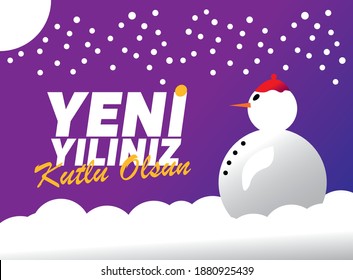 New year message poster. Happy New Year. The snowman looks at the new year message. It's snowing with the moon in the air. Translation: happy new year.