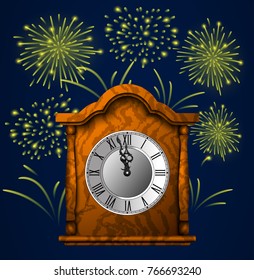 New Year midnight celebration. Clock and fireworks.