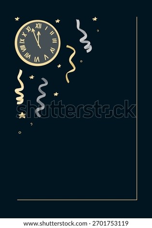 New year midnight clock with gold streamers and stars on dark festive background. Hand drawn vector illustration symbolizing countdown, celebration and party invitation