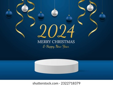 New year minimal mock up scene with 3d podium. Winter christmas blue background with golden ribbon and realistic toy. Vector illustration