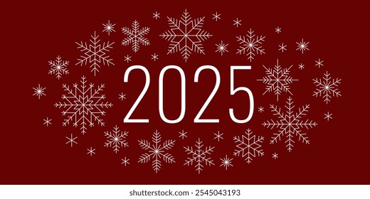New Year minimalist banner for 2025. The number 2025 surrounded by white geometric snowflakes. Dark red background.