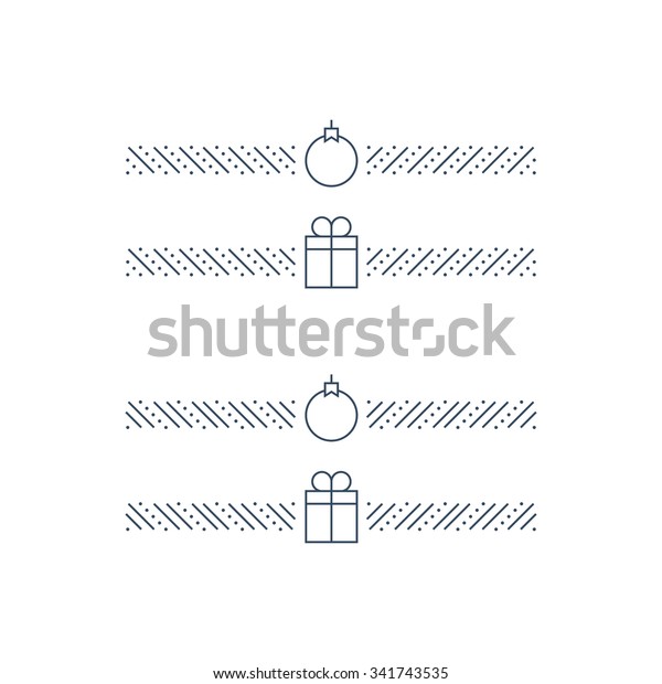 New Year minimalist text\
separator, Christmas theme linear border. Xmas decoration icons\
vector