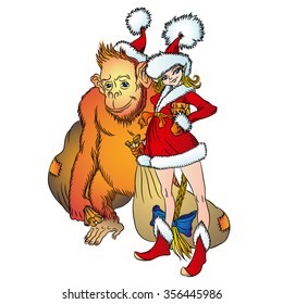 New Year monkey and elf helper, RGB EPS 10 vector illustration